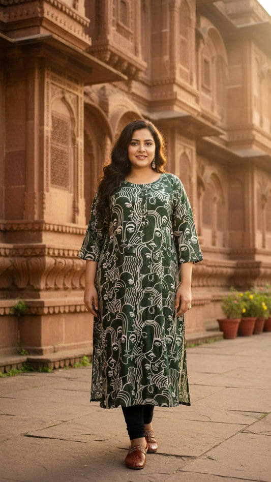 Green Faces Abstract Plus Size Cotton Kurta