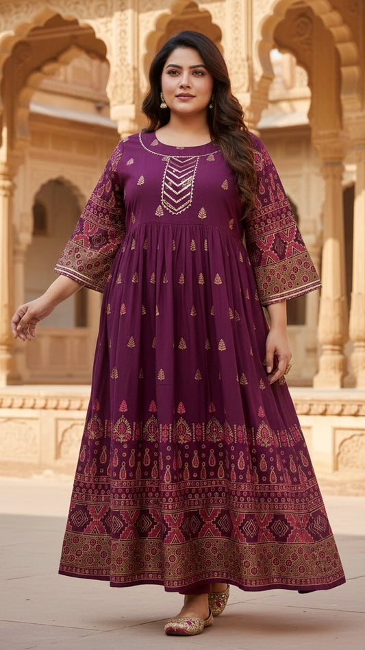 Plus Size Cotton Maroon Abstract Printed Gown