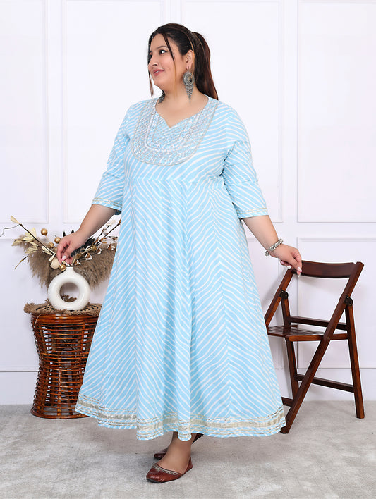 Plus Size Sky Blue Cotton Leheriya Print Embroidered Long Kurta (B16-Sky Blue)