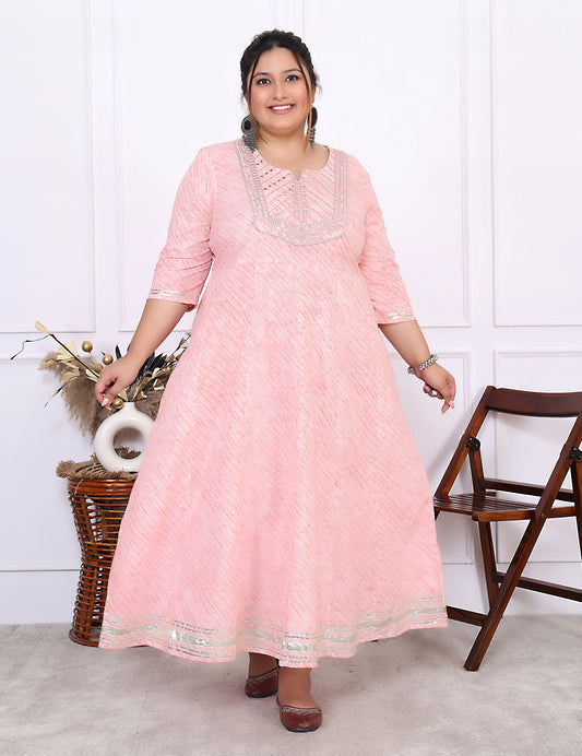 Plus Size Pink Cotton Leheriya Print Embroidered Long Kurta (B17-Pink)