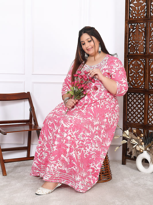 Plus Size Pink Cotton Floral Print Embroidered Long Kurta (B20-Pink)