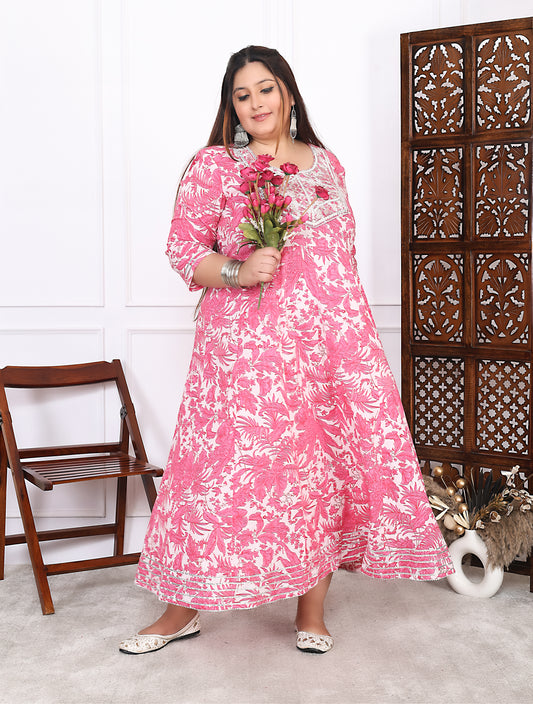 Plus Size Pink Cotton Floral Print Embroidered Long Kurta (B20-Pink)