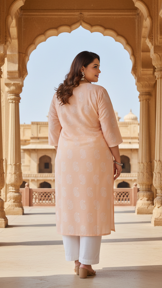 Premium Peach Cotton Shiffly Embroidered Kurti for Women | Elegant Straight Fit Ethnic Wear