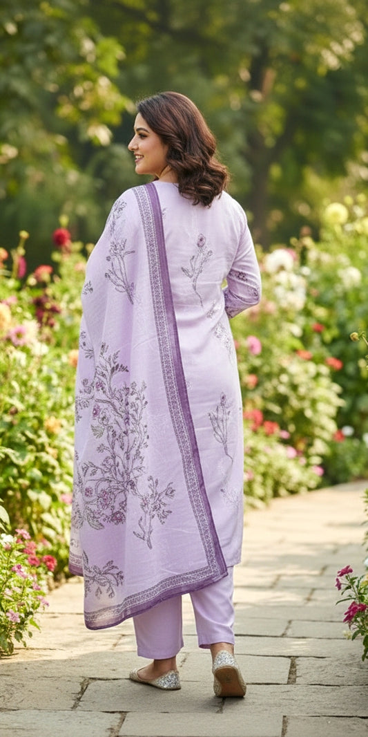 Lavender Floral Cotton Kurta Set with Dupatta | Women’s 3-Piece Ethnic Suit Set
