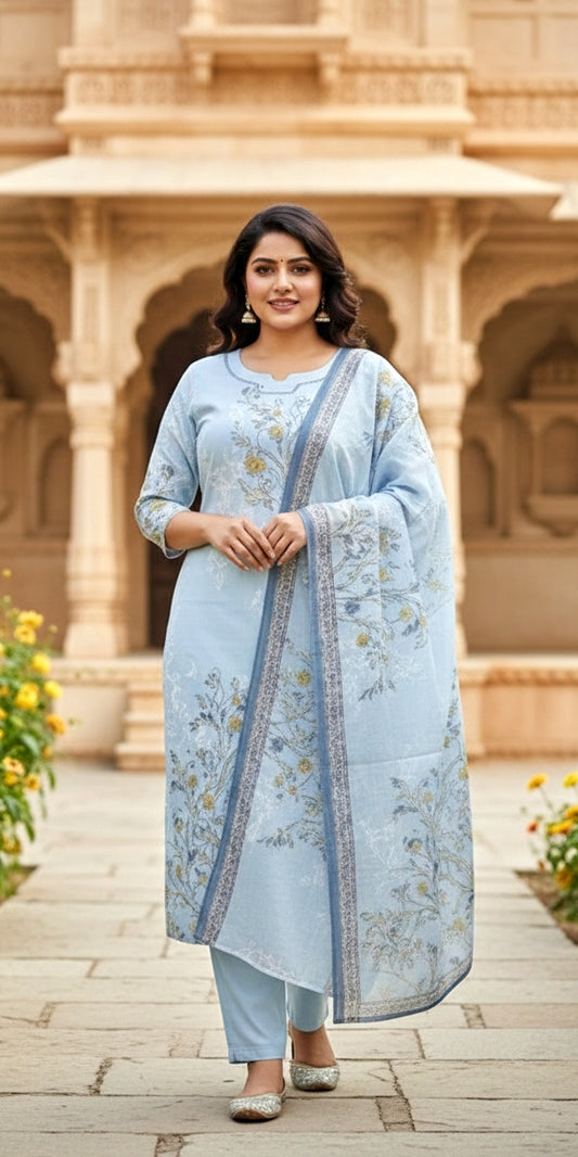 Powder Blue Floral Cotton Kurta Set with Dupatta | Elegant 3-Piece Ethnic Suit for Women