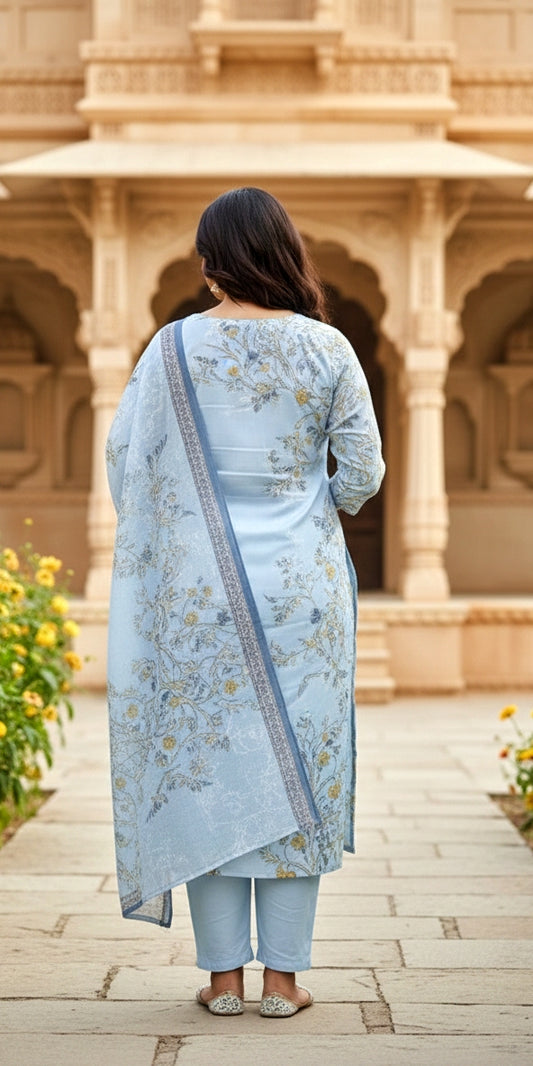 Powder Blue Floral Cotton Kurta Set with Dupatta | Elegant 3-Piece Ethnic Suit for Women