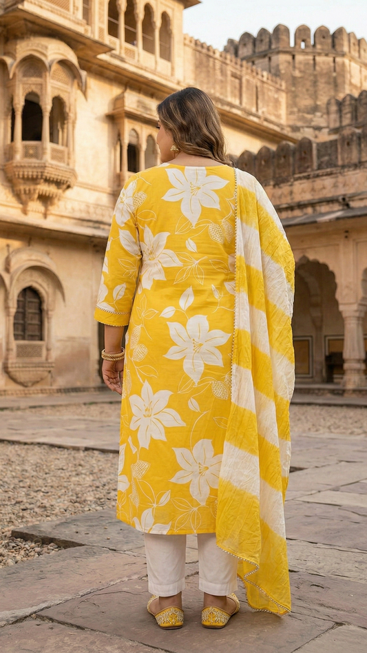 Sunshine Yellow Floral Rayon Kurta Set with Dupatta | Women’s 3-Piece Ethnic Suit
