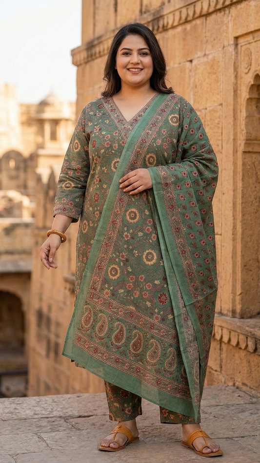 Olive Green Printed Cotton Kurta Set with Dupatta | Elegant 3-Piece Ethnic Suit for Women