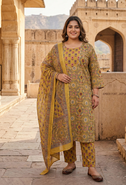 Mustard Cotton Printed Kurta Set with Dupatta | 3-Piece Ethnic Suit for Women | Kurta Pant Dupatta Set