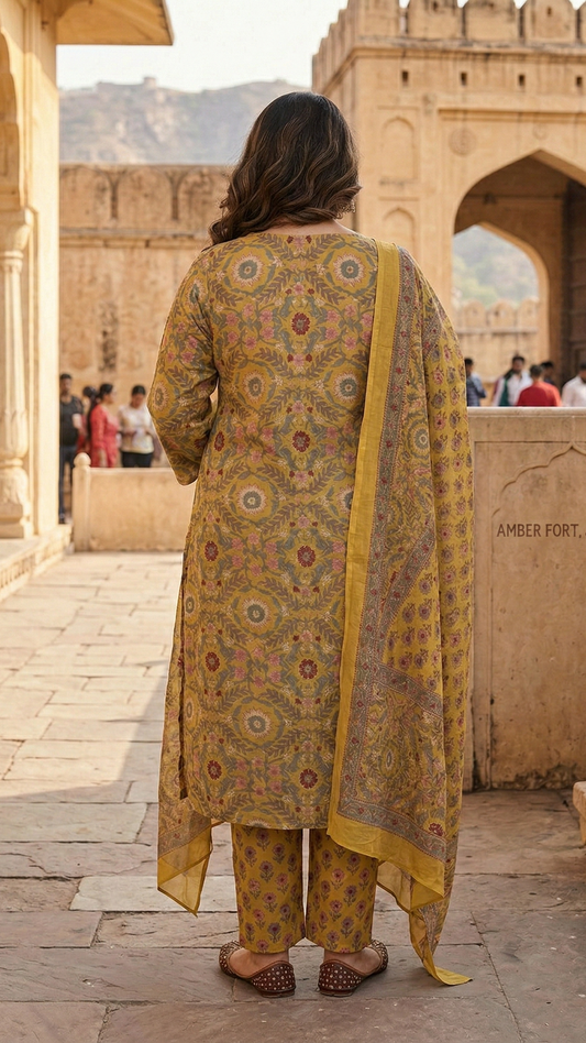 Mustard Cotton Printed Kurta Set with Dupatta | 3-Piece Ethnic Suit for Women | Kurta Pant Dupatta Set
