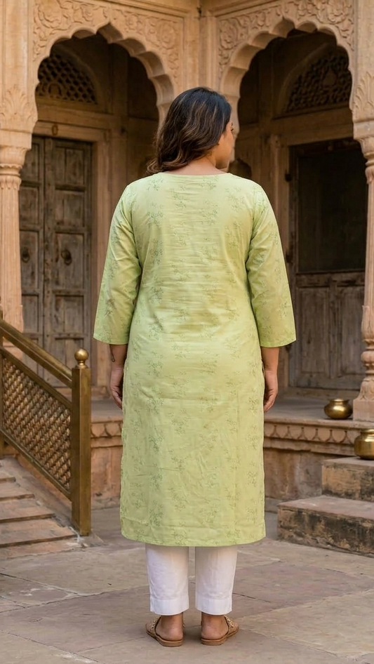 Pastel Green Cotton Printed Straight Kurti for Women | Comfortable Daily Wear Kurti (1 Pc)