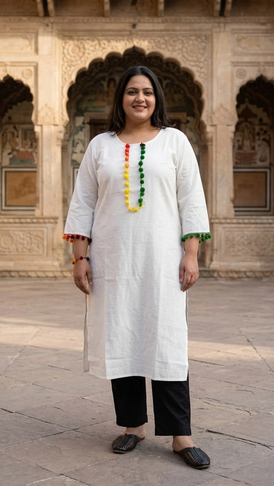White Cotton Kurti with Multicolor Pom-Pom Detailing | Straight Fit Casual & Festive Kurti (1 Pc)