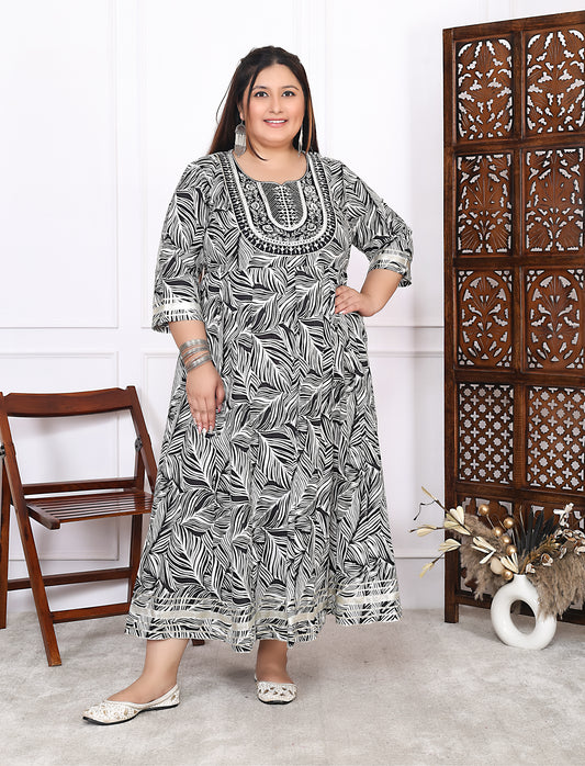 Plus Size Black Cotton Floral Print Embroidered Gown (B21-Black)