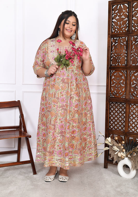 Plus Size Peach Cotton Floral Print Embroidered Long Kurta (B22-Peach)