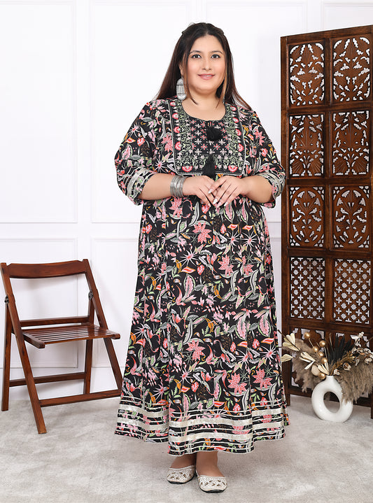 Plus Size Black Cotton Floral Print Embroidered Gown (B23-Black)