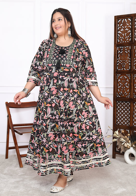 Plus Size Black Cotton Floral Print Embroidered Gown (B23-Black)