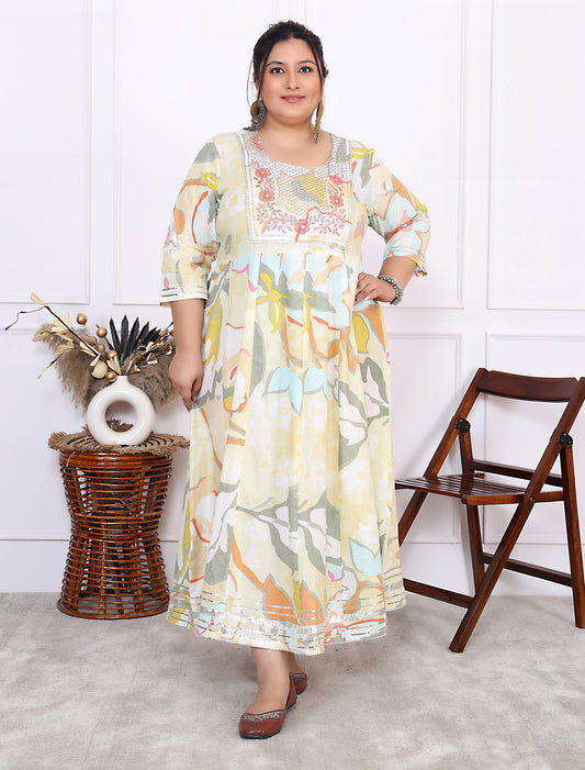 Plus Size Yellow Cotton Floral Print Embroidered Gown (B24-Yellow)