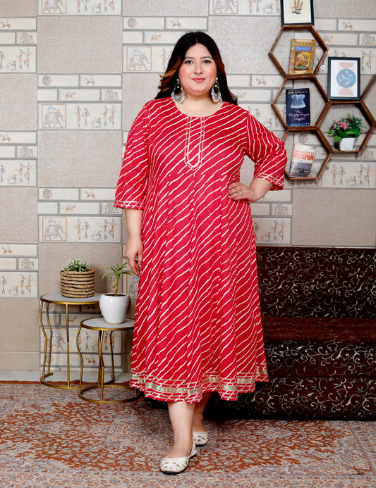 Plus Size Red Cotton Blend Lahariya Print Gown (B29-Red)