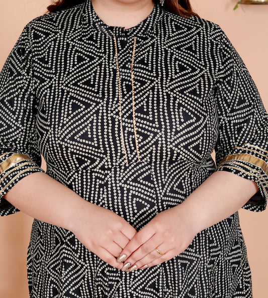 Plus Size Black Cotton Blend Bandhani Print Gown (B31-Black)