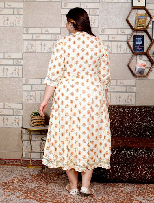 Plus Size White Cotton Blend Floral Print Gown (B32-White)