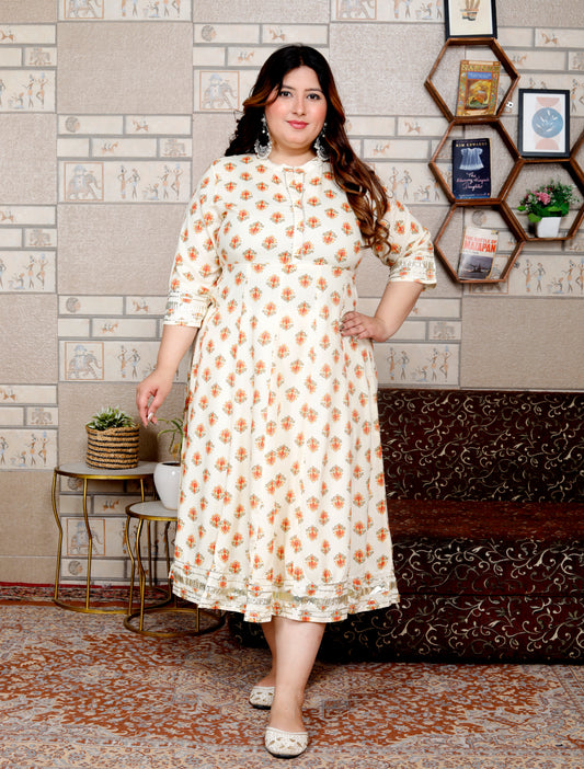 Plus Size White Cotton Blend Floral Print Gown (B32-White)