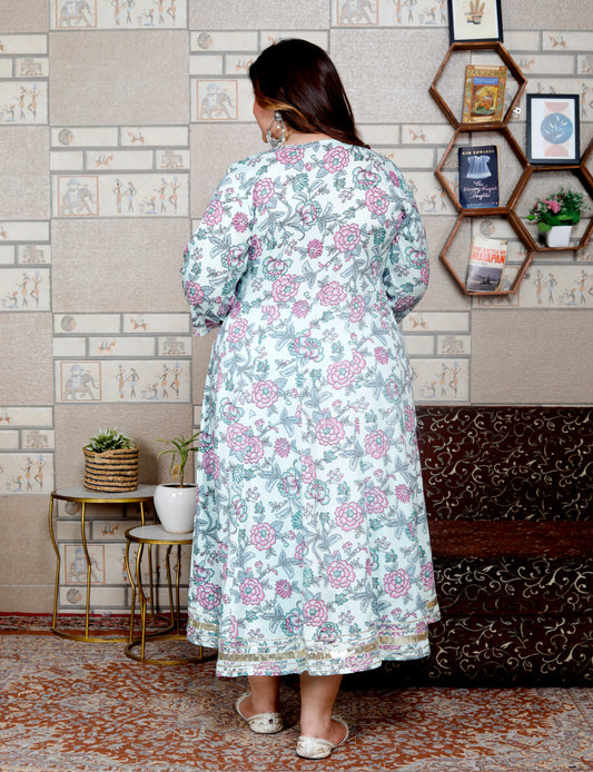 Plus Size Blue Cotton Blend Printed Gown (B34-Blue)