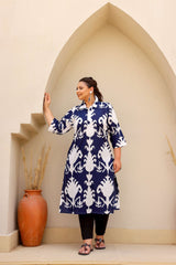 Elegant Plus Size Blue & White Ikat Print Kurti – Classic Comfort for Everyday Style