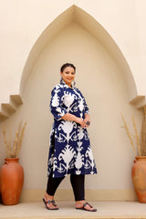 Elegant Plus Size Blue & White Ikat Print Kurti – Classic Comfort for Everyday Style