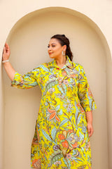 Vibrant Yellow Floral Print Plus Size Kurti – Bright & Breezy Everyday Wear