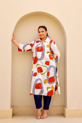 White Multicolor Abstract Plus Size Kurti – Bold, Artistic, and Breezy