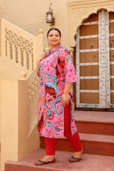 Bold Pink Paisley Plus Size Kurti – Artistic & Vibrant Elegance