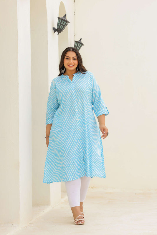 Women's Plus Size Cotton A-Line Striped Kurti – Sky Blue | Button-Down | Mandarin Collar