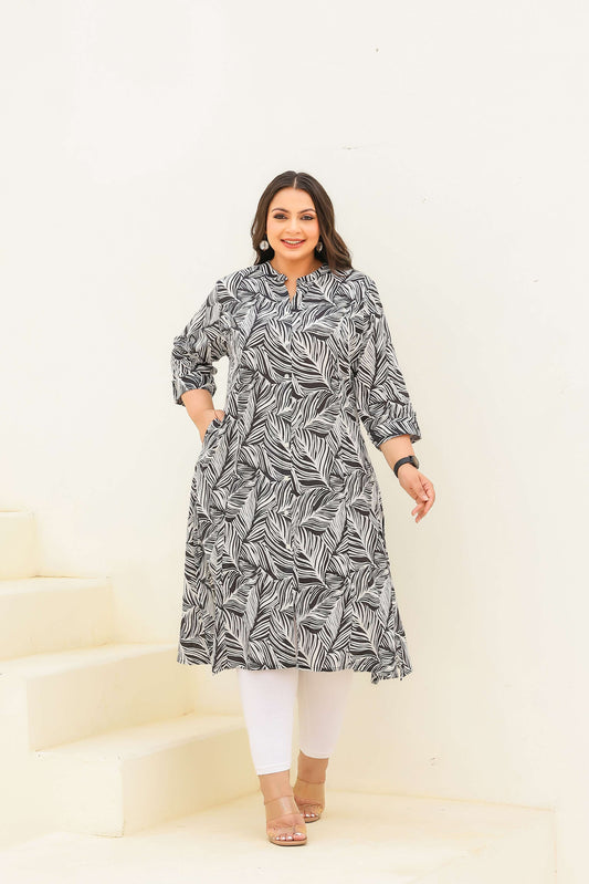Plus Size Black & White Leaf Print Cotton Kurti for Women