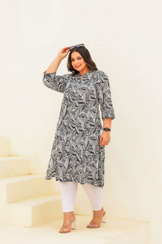 Plus Size Black & White Leaf Print Cotton Kurti for Women
