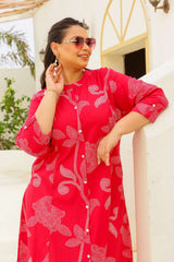 Plus Size Red Floral Print Cotton Kurti for Women