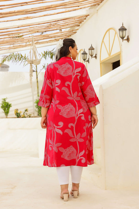 Plus Size Red Floral Print Cotton Kurti for Women