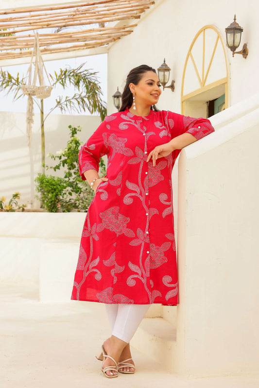 Plus Size Red Floral Print Cotton Kurti for Women