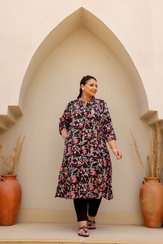 Black Floral Paradise Print Cotton Kurti for Women