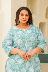 Plus Size Mint Green Floral Printed Cotton Kurti for Women