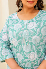 Plus Size Mint Green Floral Printed Cotton Kurti for Women