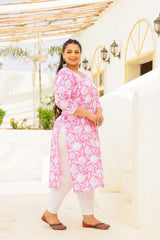 Plus Size Pink Floral Printed Cotton Kurti for Women