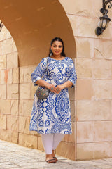 Plus Size White & Blue Ikat Print Cotton Kurti for Women