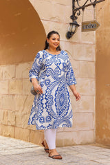 Plus Size White & Blue Ikat Print Cotton Kurti for Women