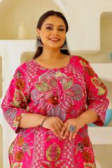 Plus Size Pink Floral & Paisley Printed Cotton Kurti for Women