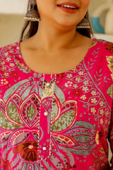 Plus Size Pink Floral & Paisley Printed Cotton Kurti for Women
