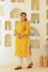 Plus Size Women's Yellow & Pink Cotton Striped Kurti – Comfortable & Stylish