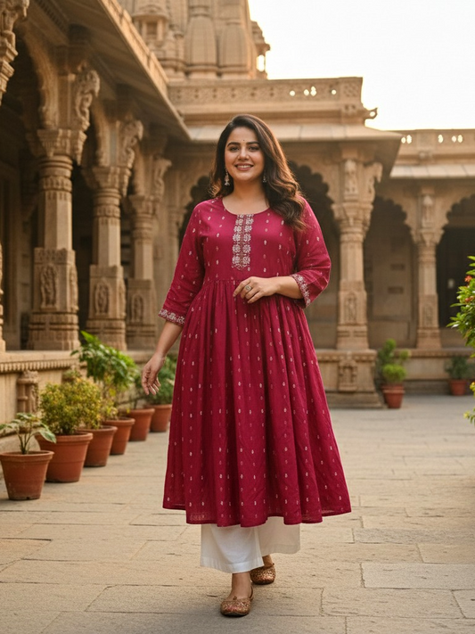 Red Celebration-Ready Anarkali Dress with Contrast Print