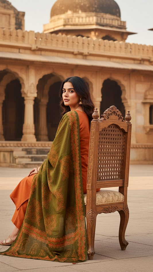 Chic Burnt Orange & Olive Green Kurta Set with Diamond Embroidered Yoke and Block Print Dupatta