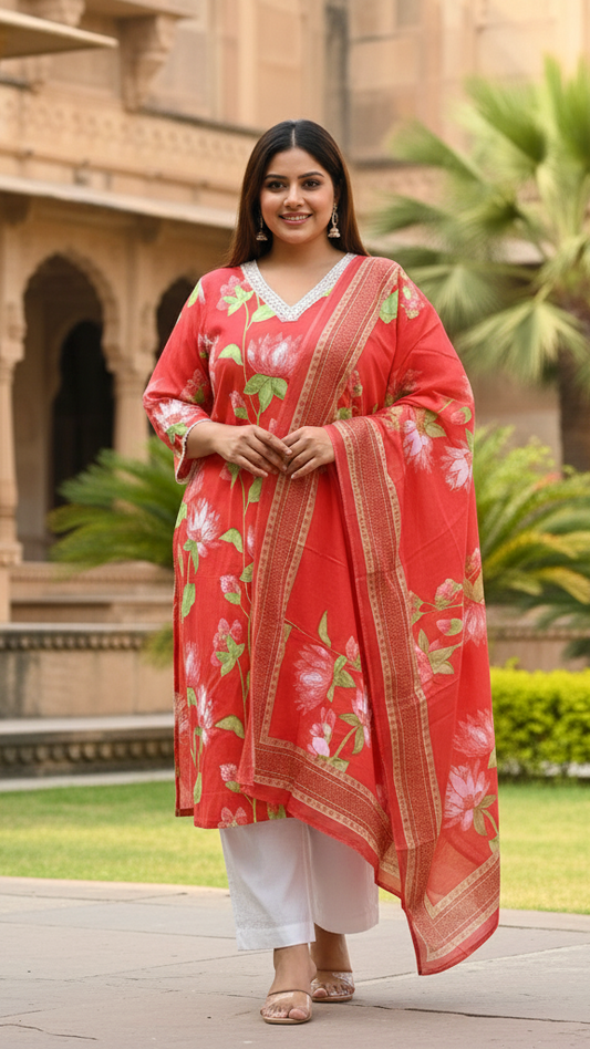 Vibrant Coral Red Floral Printed Rayon Kurta Set with Lotus Print and Border Dupatta