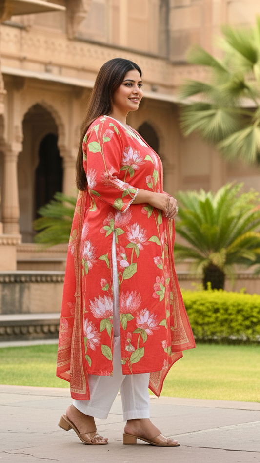 Vibrant Coral Red Floral Printed Rayon Kurta Set with Lotus Print and Border Dupatta